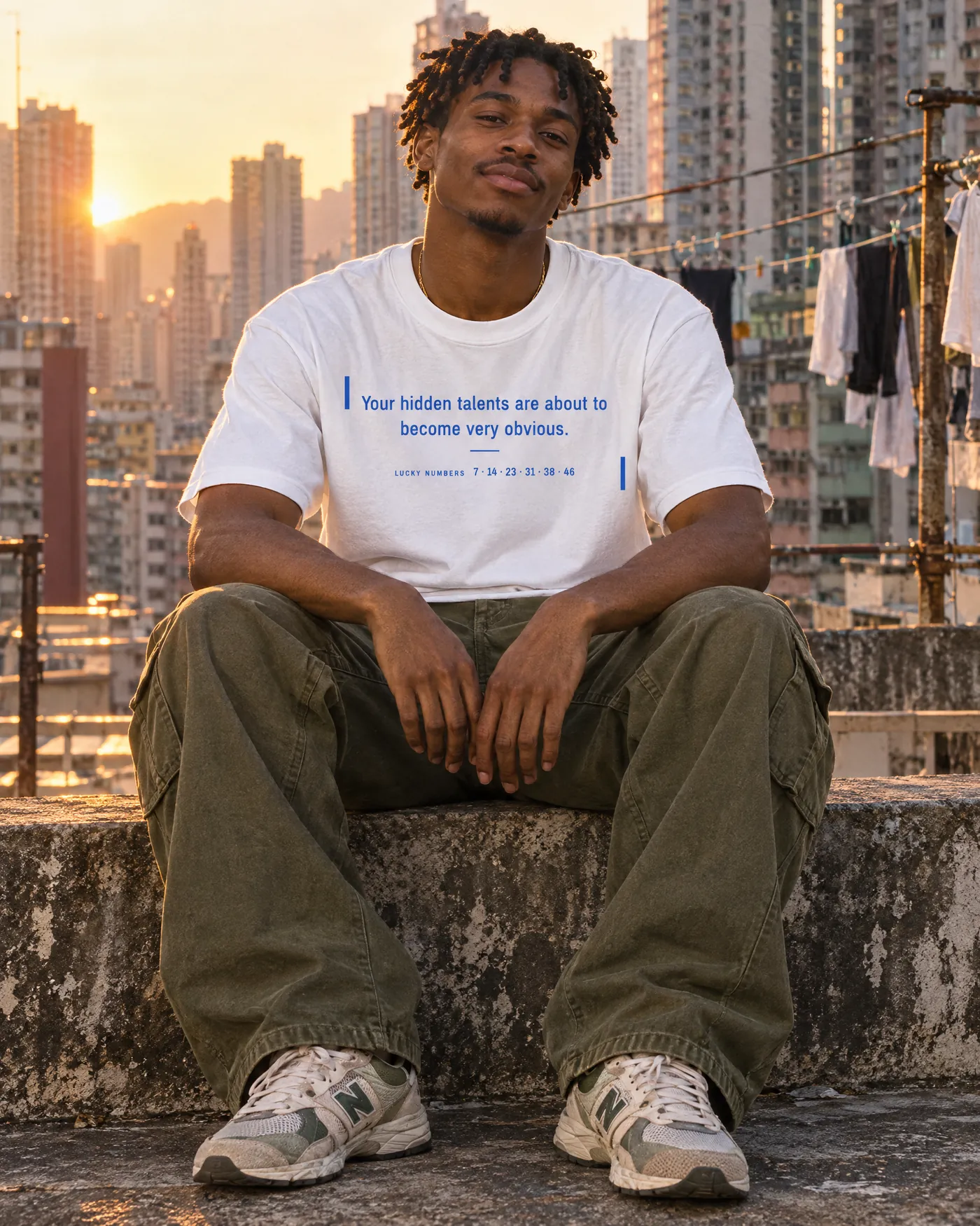 Man in the Fortune Cookie Shirt sitting on a Hong Kong rooftop at sunset