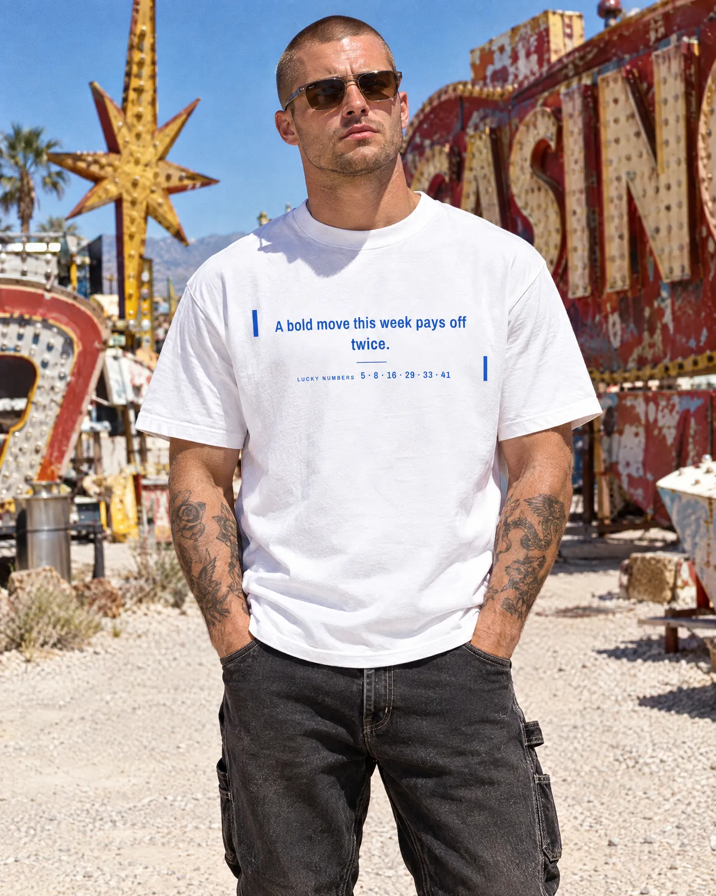 Man in the Fortune Cookie Shirt among vintage casino signs in the Las Vegas desert